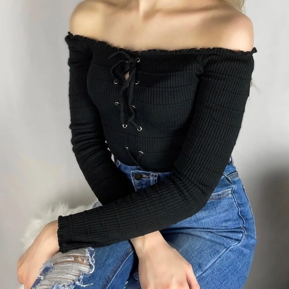 ✨new✨ Off the Shoulder Lace Up Top Navy